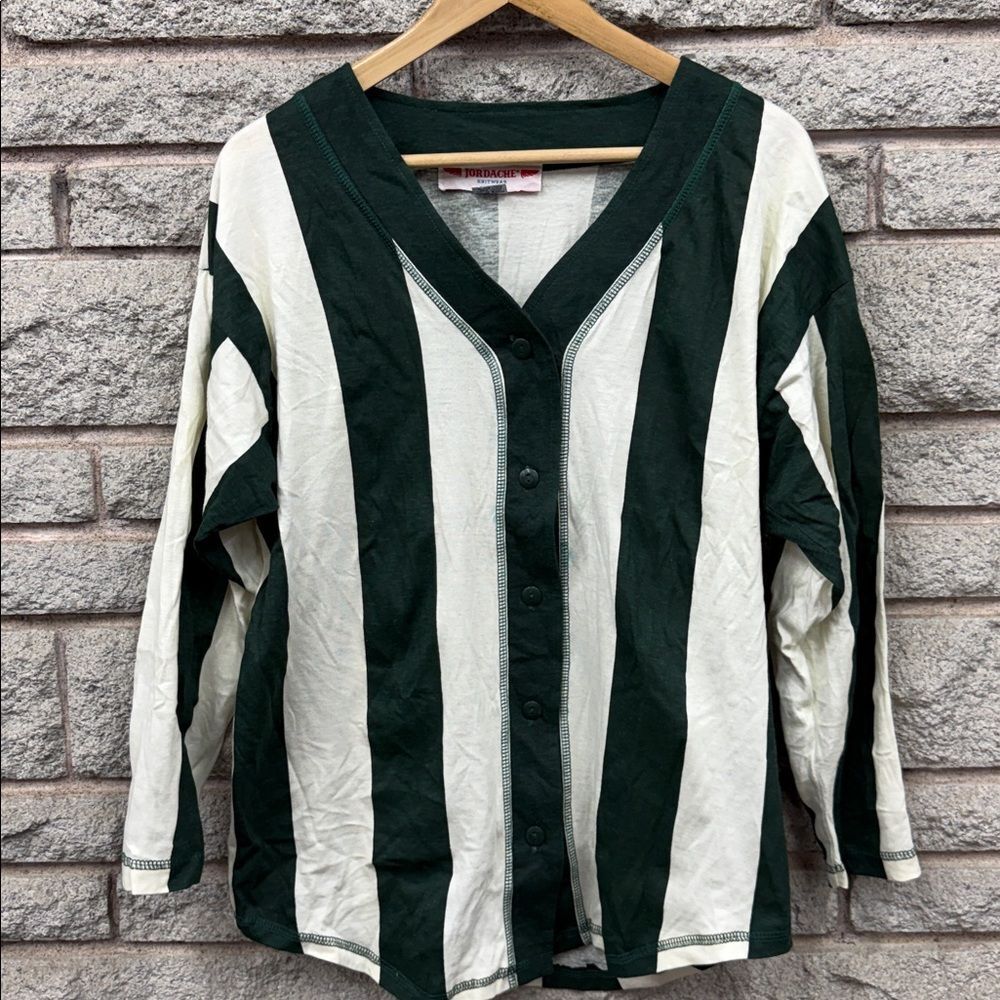 Vintage Jordache Green and White Striped Button-Up Cardigan